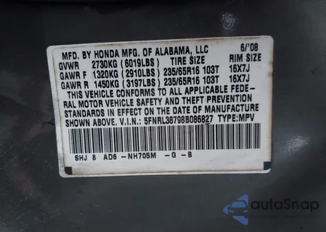 2008 Honda Odyssey Ex-L z USA, uszkodzony, nr VIN 5FNRL38798B086827